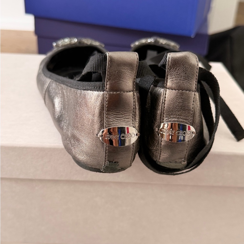 Jimmy Choo Silver Flats with Ribbon and Crystal Embellishments - Picture 3 of 4